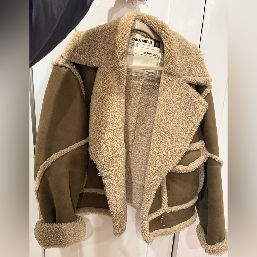 Zara SRPLS Olive and Cream Shearling Jacket